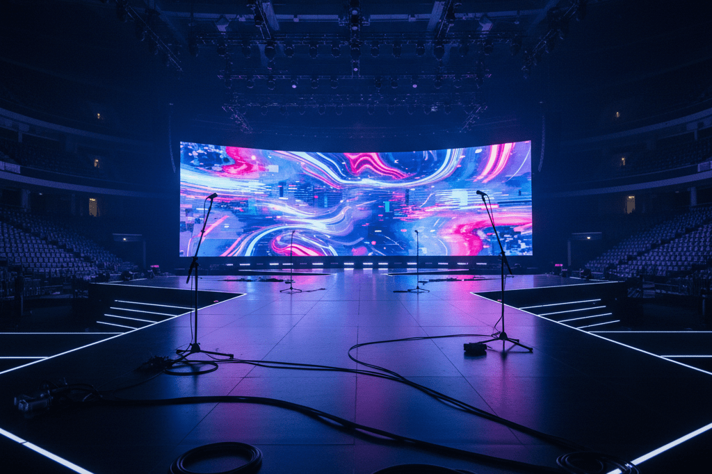 Concert stage reflecting streamlined global streaming success Empty modern concert stage with neon accents and digital visuals, symbolizing optimized live entertainment delivery