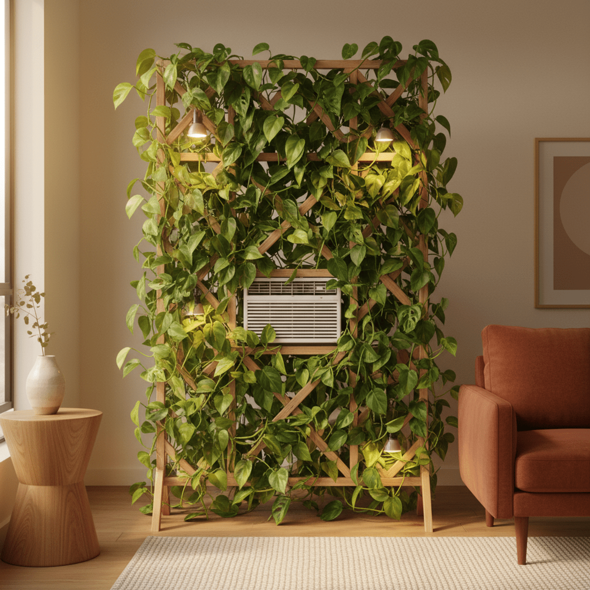 AC unit concealed by vibrant green foliage in a modern room Compact AC unit hidden behind lush green plants in a modern living room.