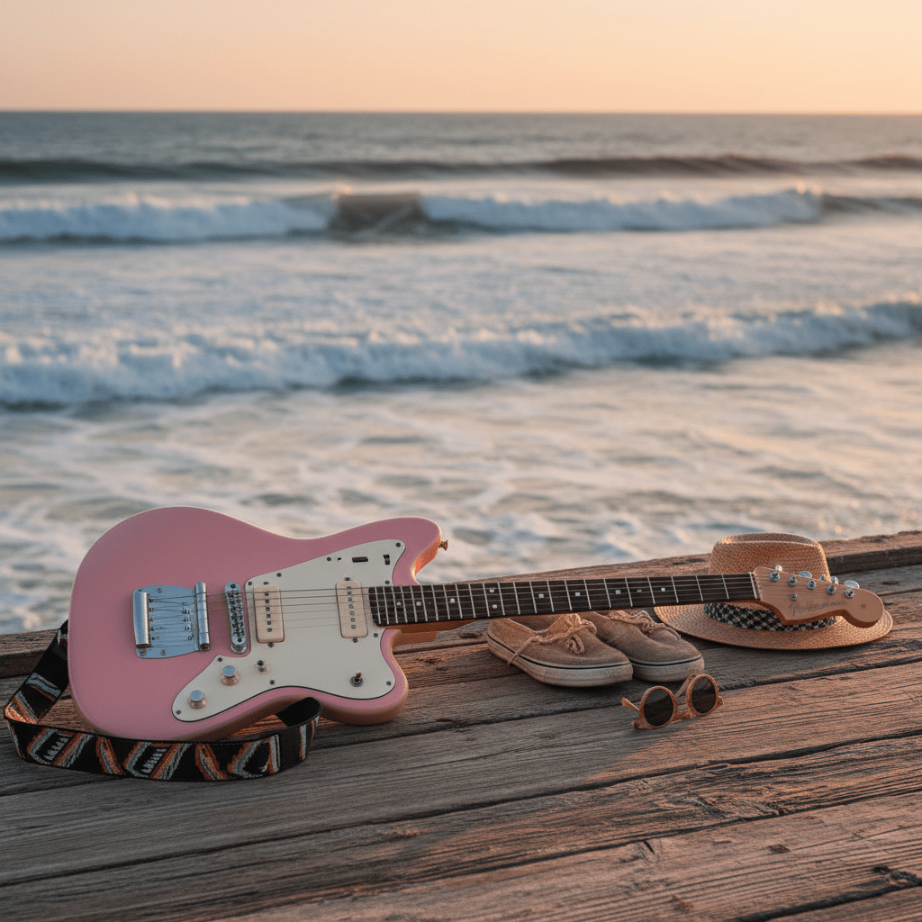 Offset baritone guitar on a pier at sunset with ocean waves.