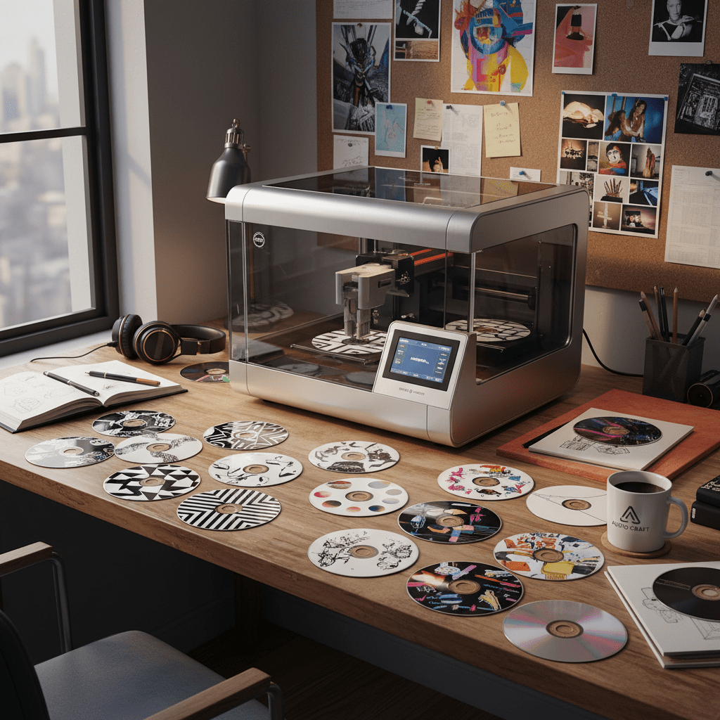 High-tech CD printer in a studio with custom designed discs.