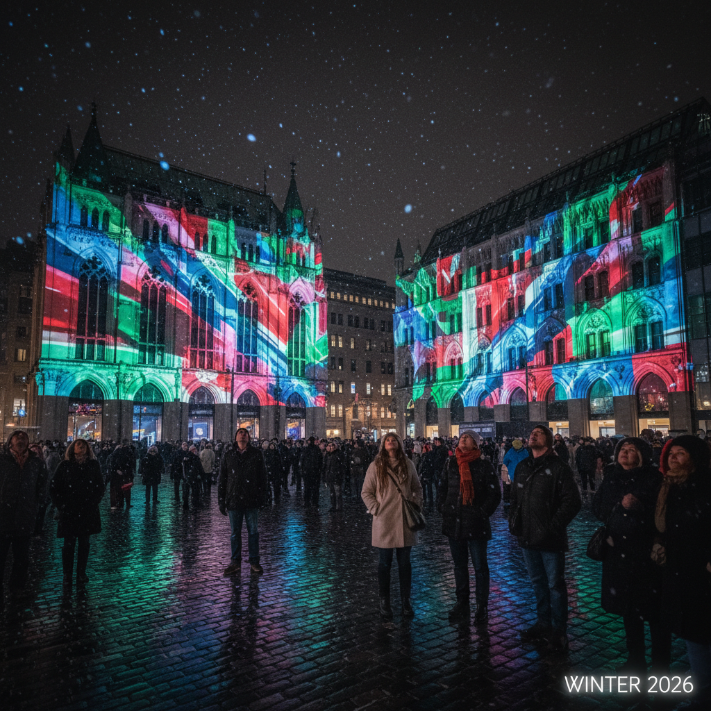 Winter city plaza at night with advanced Christmas light projections and snow.