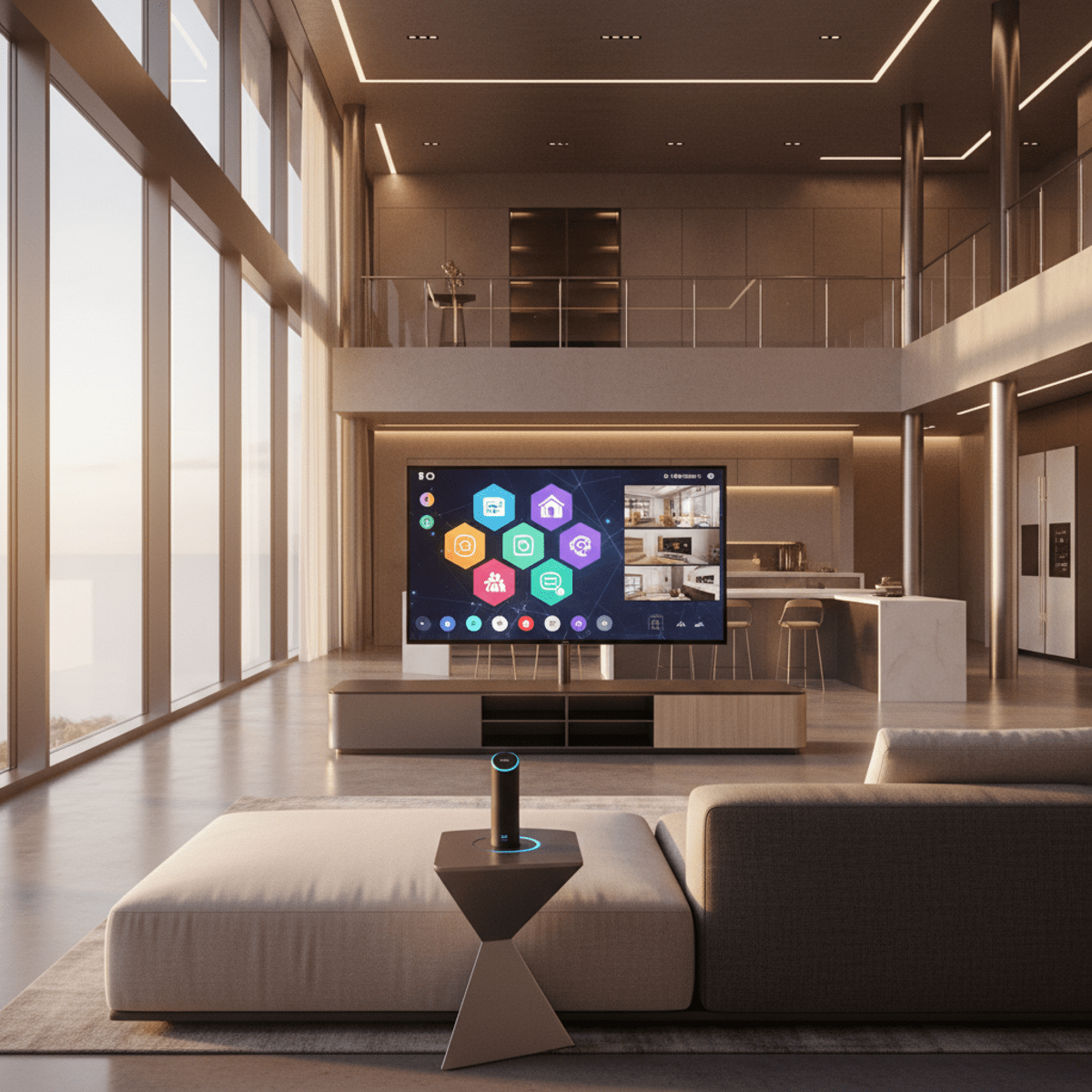 Futuristic open-plan home interior with smart tech and warm ambient light.