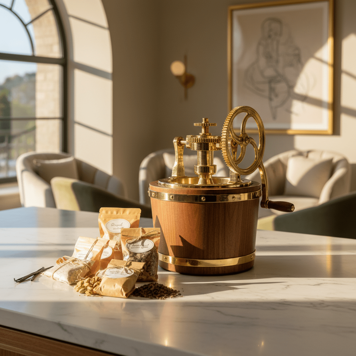 Artisanal ice cream maker with brass fittings and walnut finish on marble.