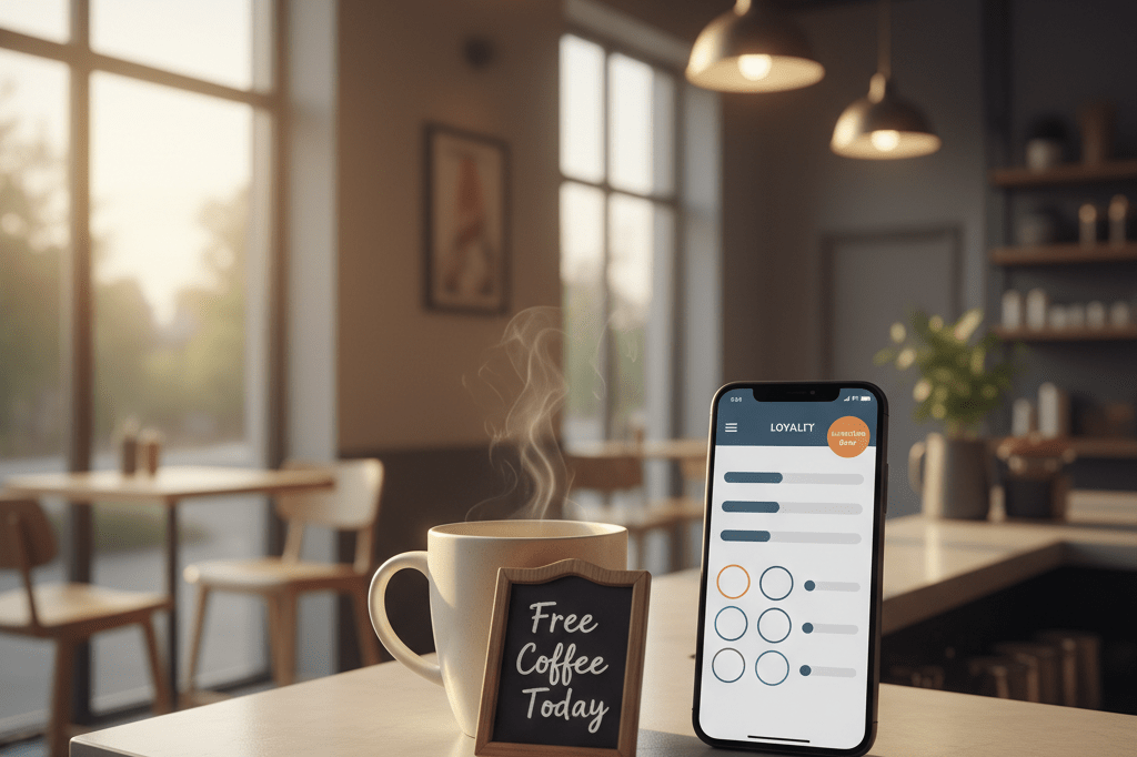 Medium shot of steaming coffee mug and smartphone showing loyalty app interface under warm ambient lighting in café setting