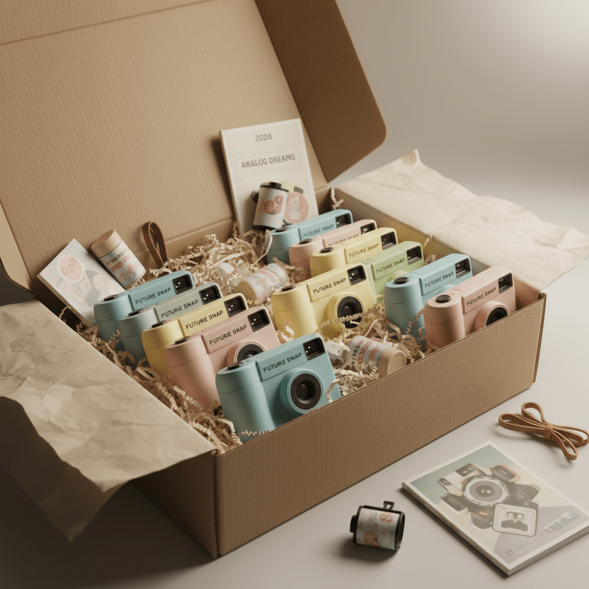 Bulk disposable cameras neatly arranged in a retro subscription box with paper filler.