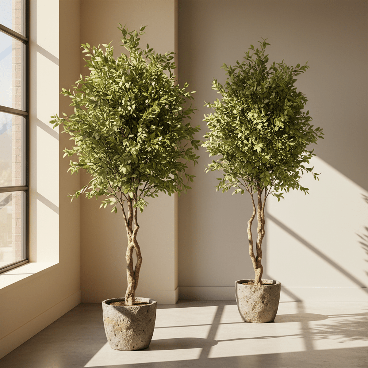 Tall, slender faux trees with realistic recycled foliage in wooden trunks and textured planters.