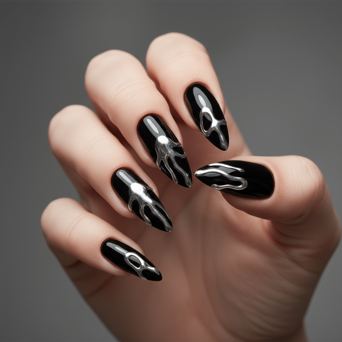 Close-up of molten liquid metal silver nails with a mercury-like reflective surface.