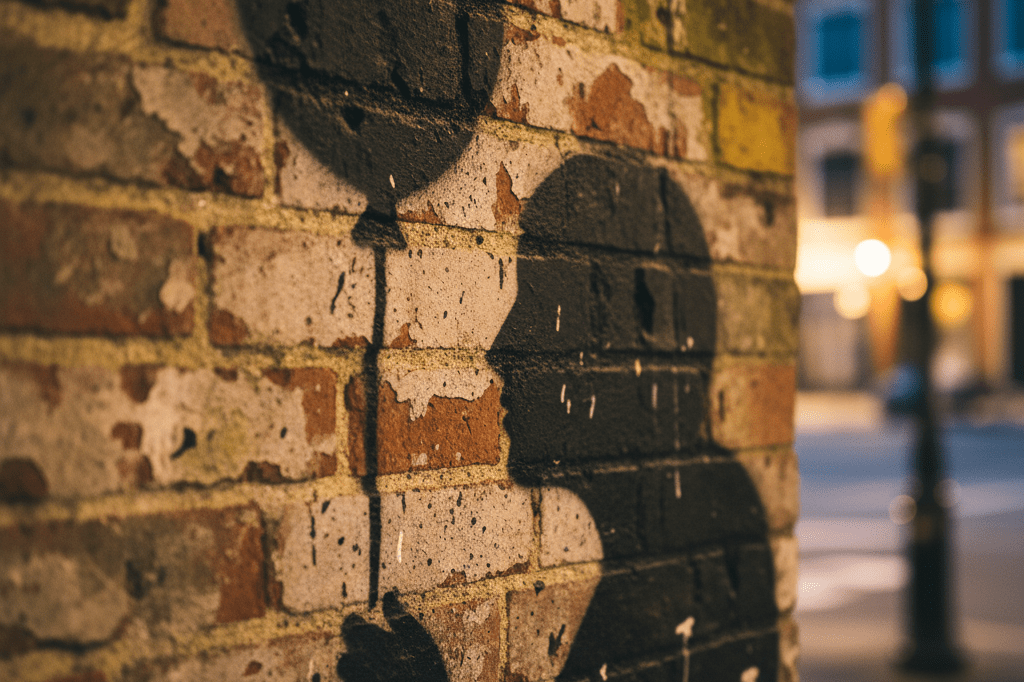 Close-up of anonymous stencil artwork featuring an abstract figure with a balloon, illuminated by ambient city lights