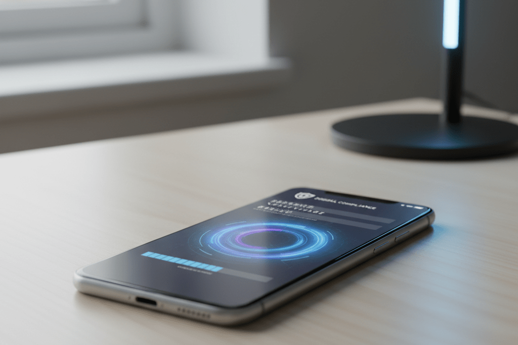 Close-up of smartphone showing abstract age verification scan on wooden desk with soft lighting