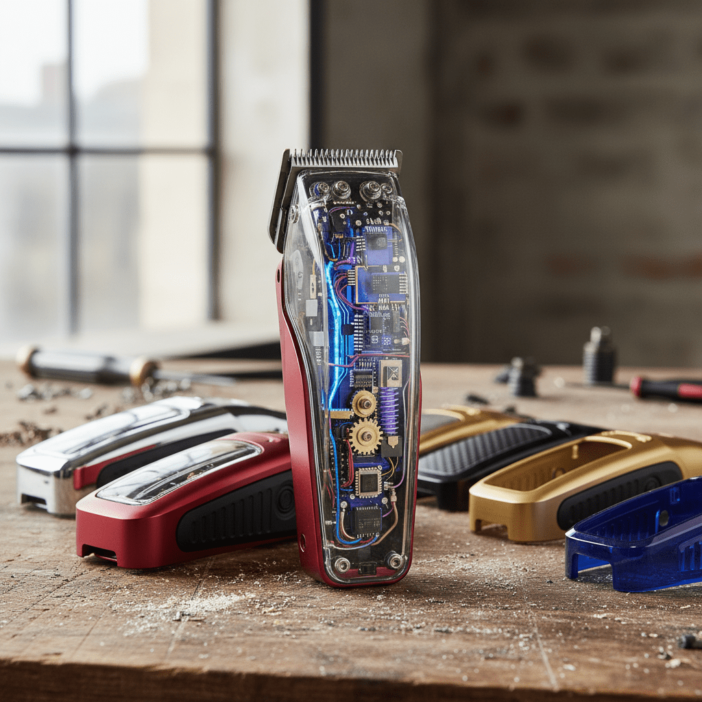 Modular clippers with transparent casing showing circuitry on a workshop table.