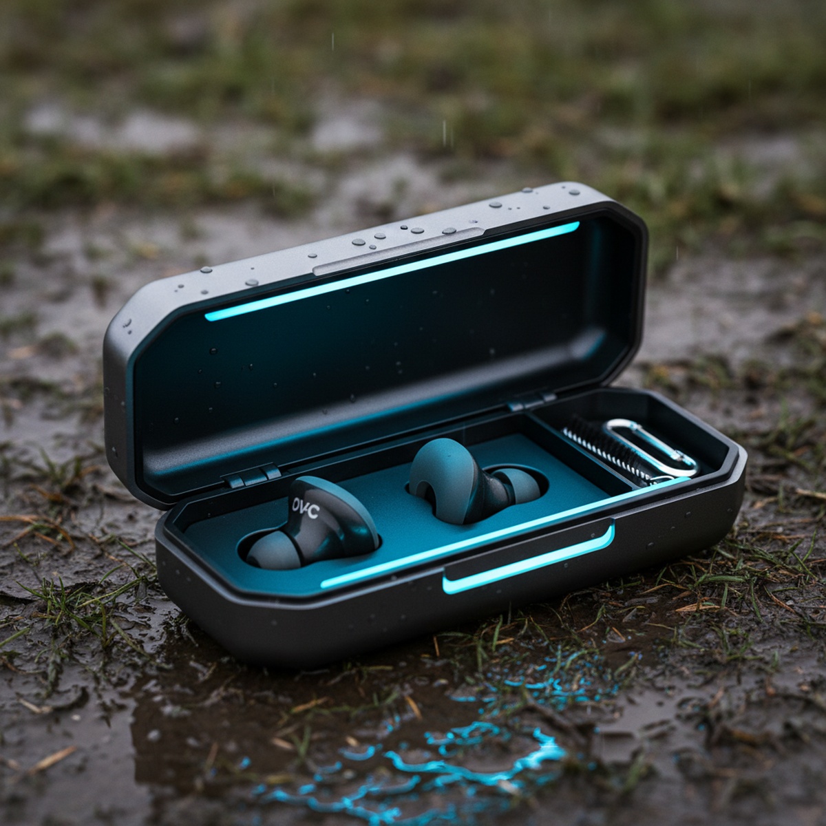 Concert earplugs in a glowing UV-C case on a blurry festival background.