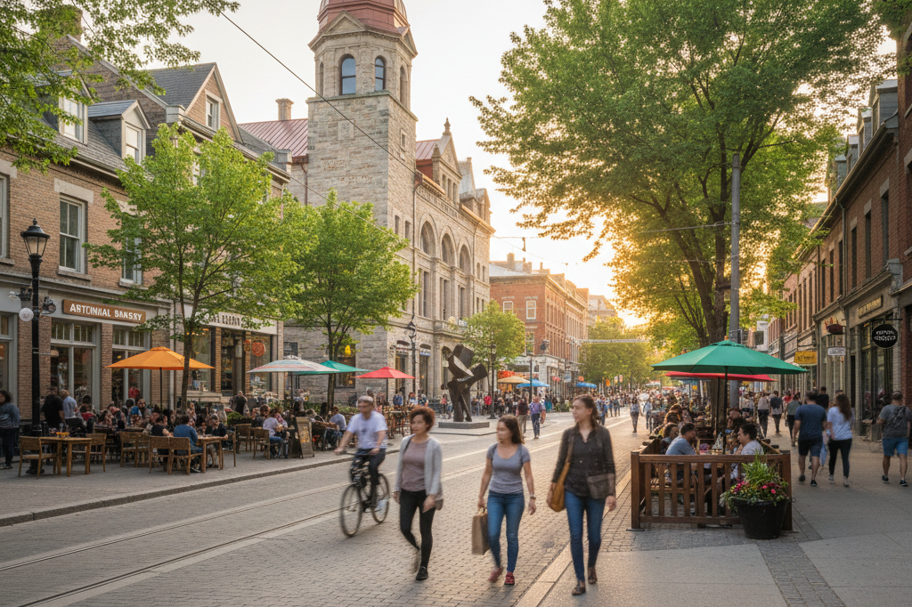 Historic Ottawa Venue Boosting Local Retail Foot Traffic Wide shot of Ottawa’s cultural district blending historic venues with thriving retail shops in natural daylight