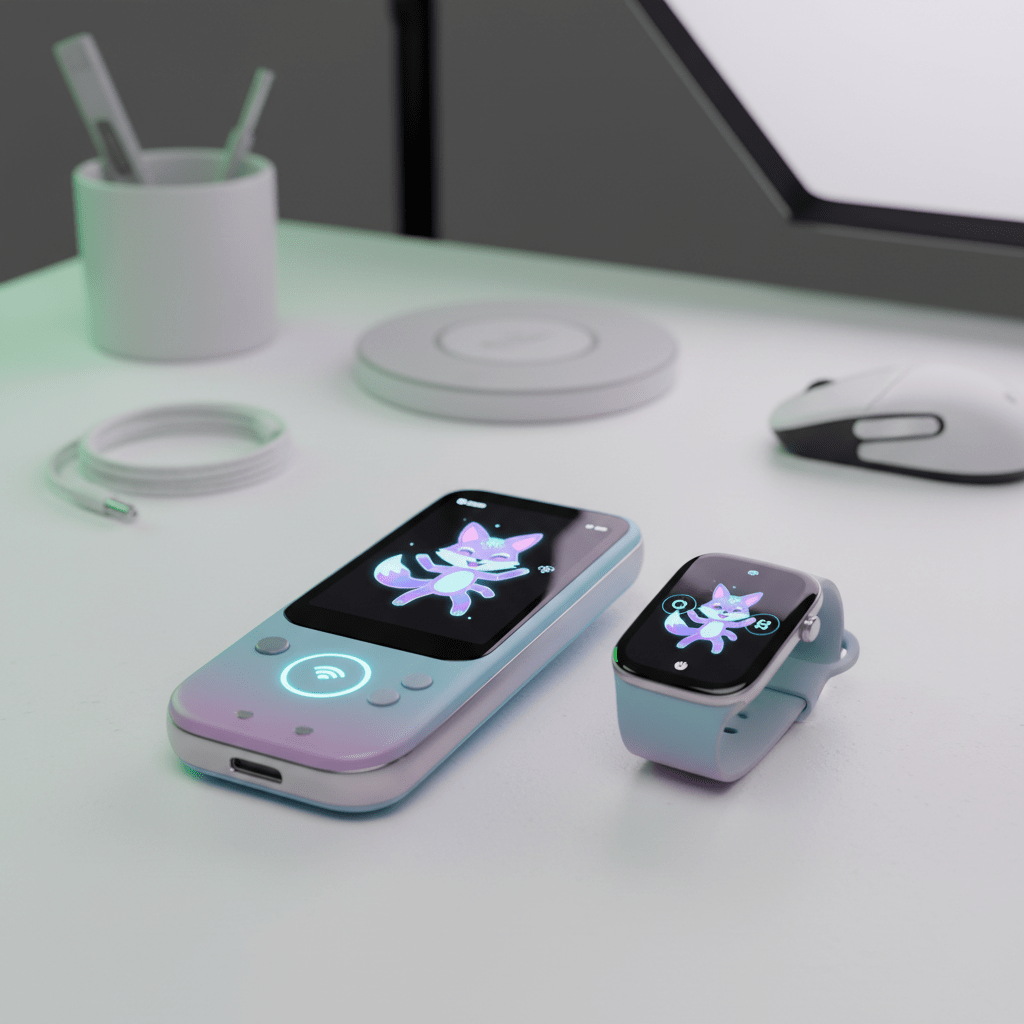 Modern virtual pet device with animated creature and smartwatch. Sleek handheld virtual pet with vibrant screen and metallic accents on a desk.