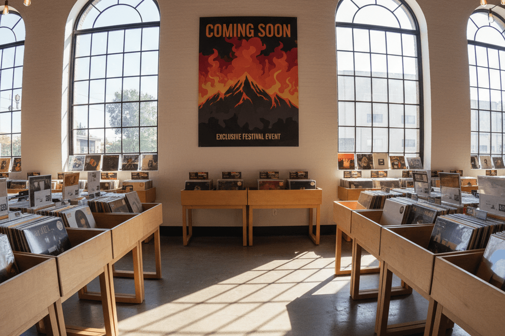 Interior of a vinyl store with a festival event poster under natural light, highlighting strategic marketing for a music comeback