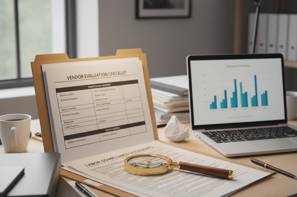 Cluttered office desk with vendor checklists and magnifying glass under natural light, symbolizing strict due diligence