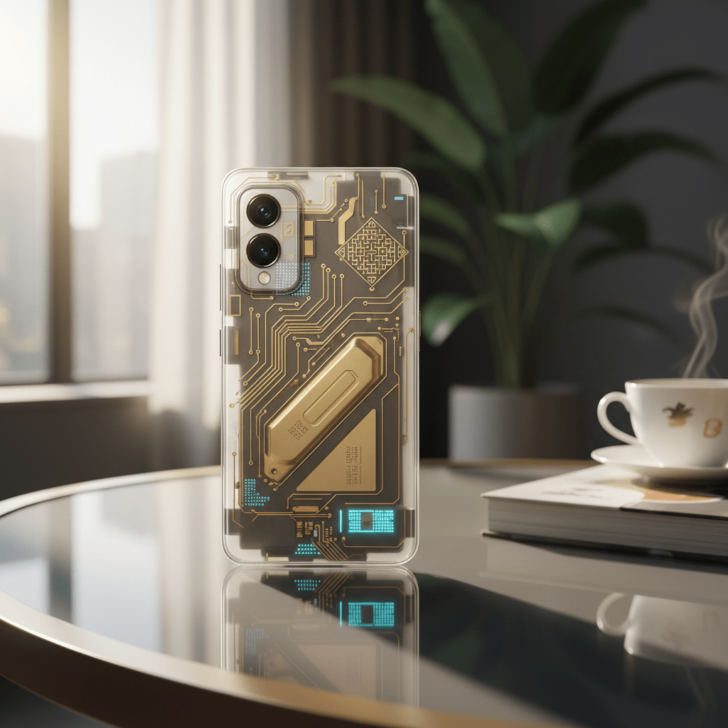 Futuristic phone with transparent polymer back revealing intricate internal anatomy and golden wiring.