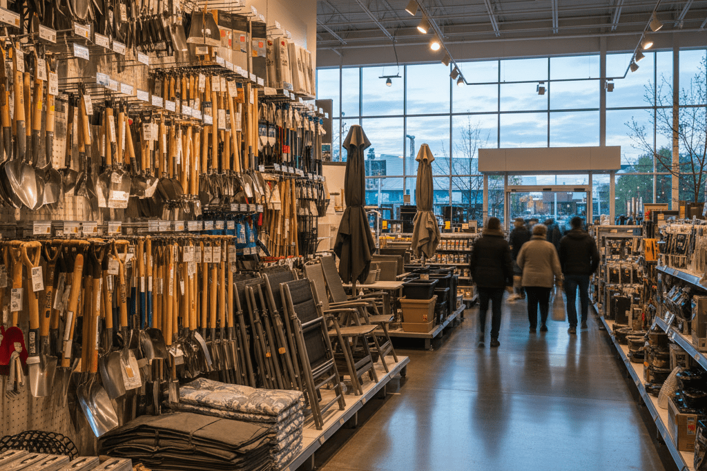 Evening retail aisle with seasonal goods under warm mixed lighting, symbolizing strategic inventory planning