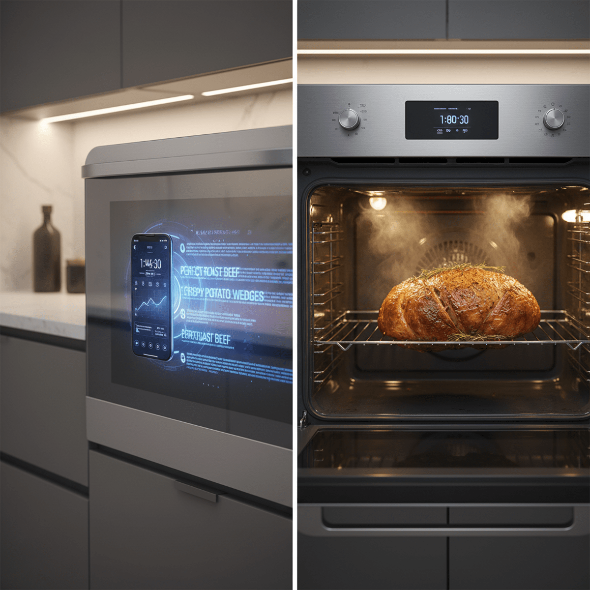 Futuristic electric convection oven with AI cooking suggestions and smartphone interface.