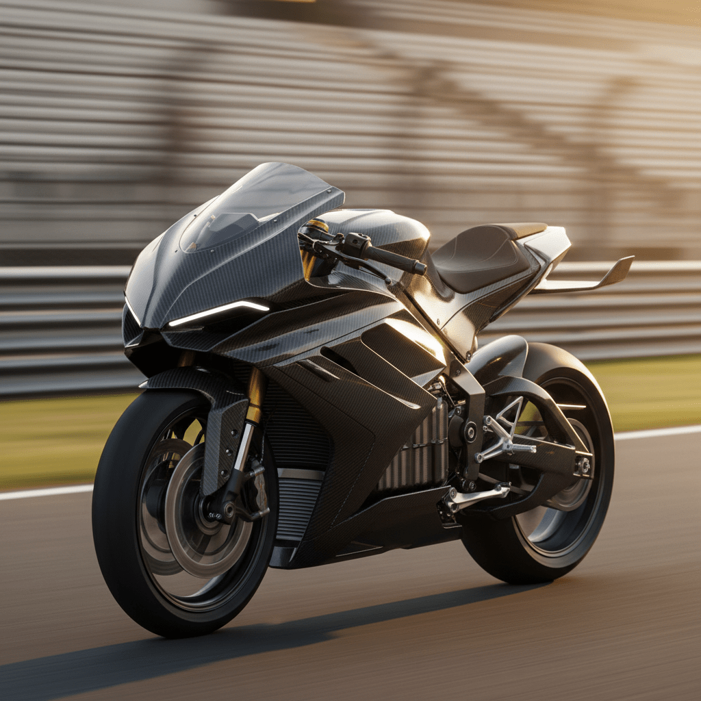 Aggressive carbon fiber electric sportbike on a racetrack at golden hour.