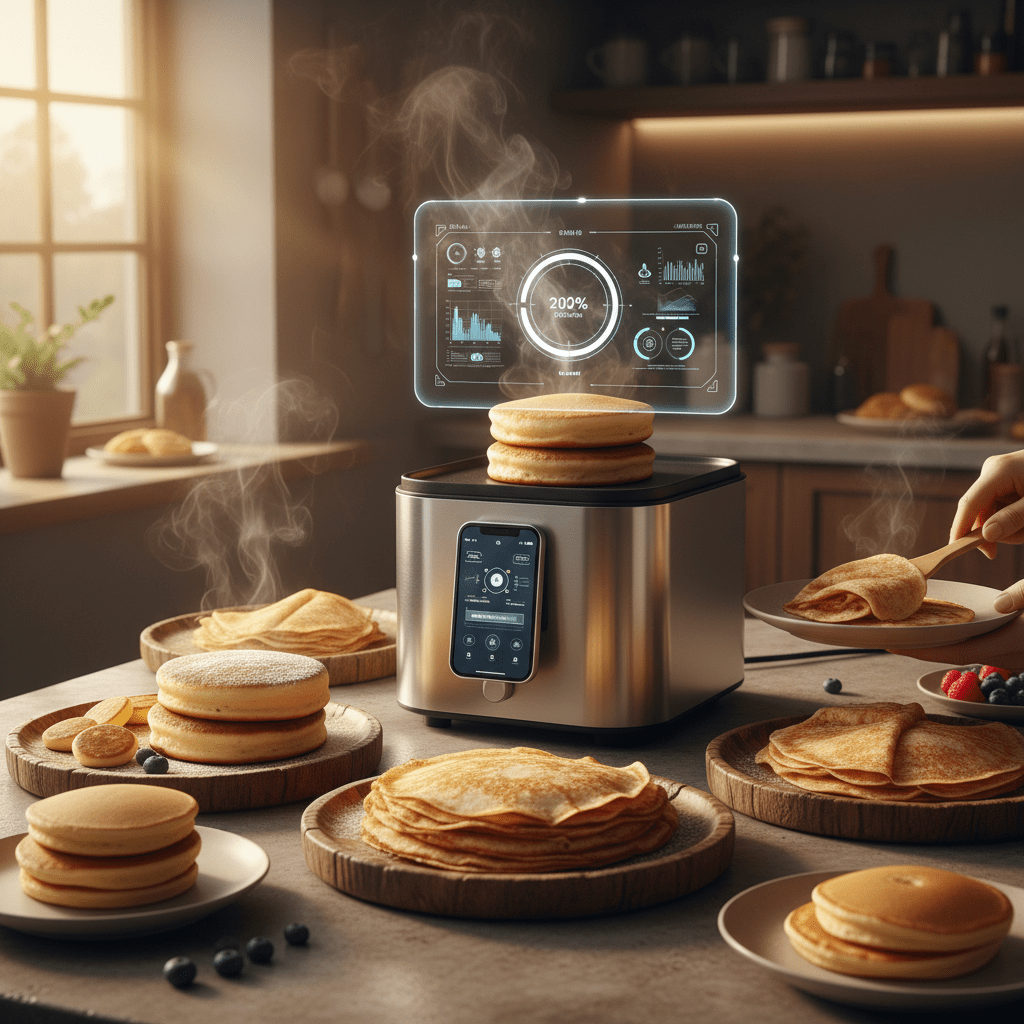 High-tech pancake machine on a rustic table with diverse pancake varieties.