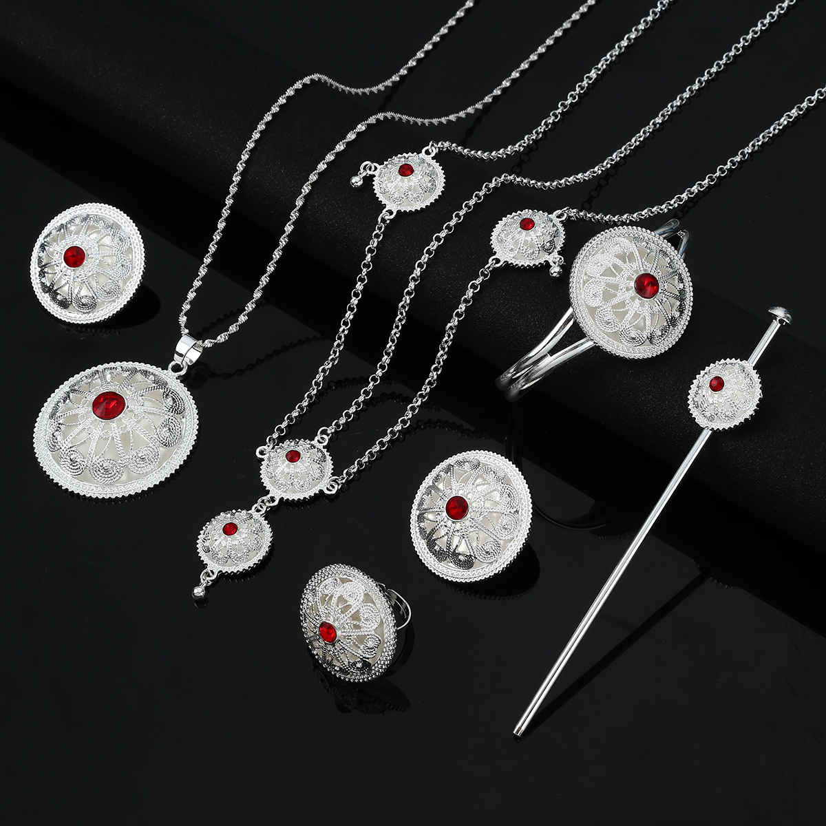 Ethiopian Trendy Jewelry Sets Red Stone African Ethiopia Women Wedding Bride Habesha Jewelry