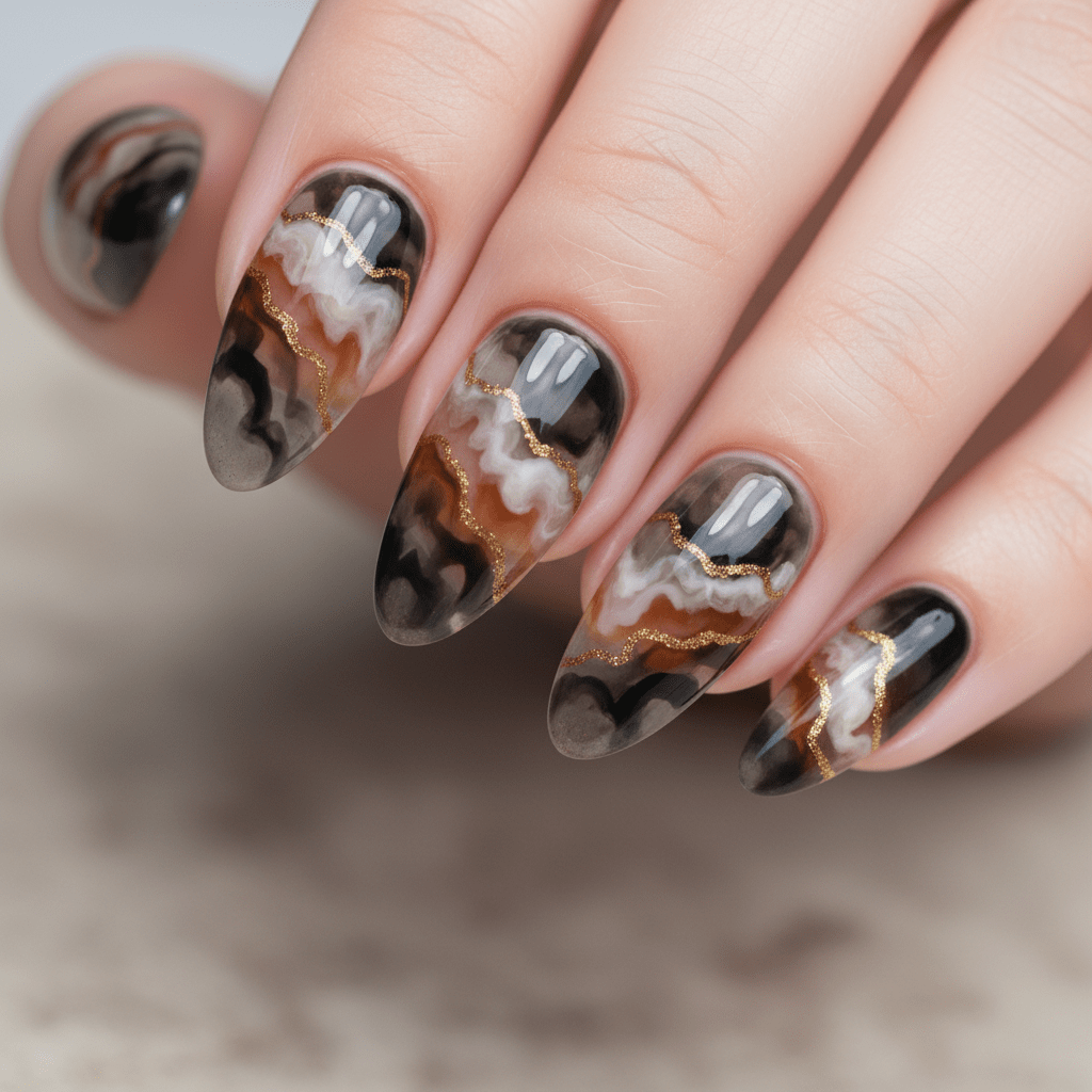 Trendy almond nails with smoky quartz inspired gel patterns and gold mineral lines.