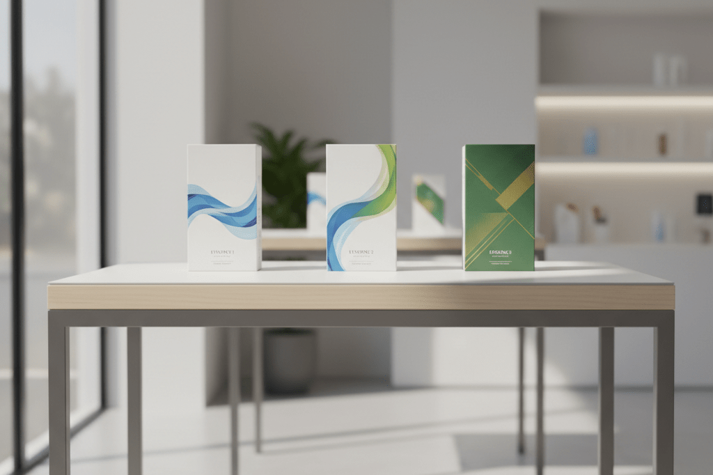 Three evolved generic products on a retail table under soft natural light illustrating strategic franchise growth