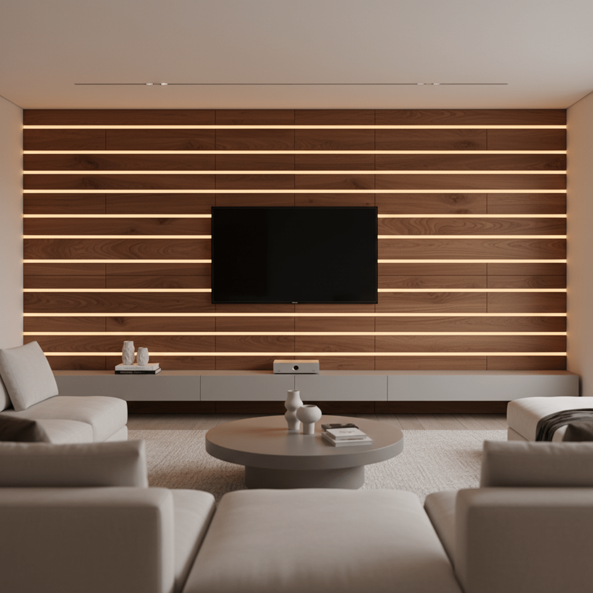 Modern walnut slat wall paneling with integrated LED lighting for a backlit glow.