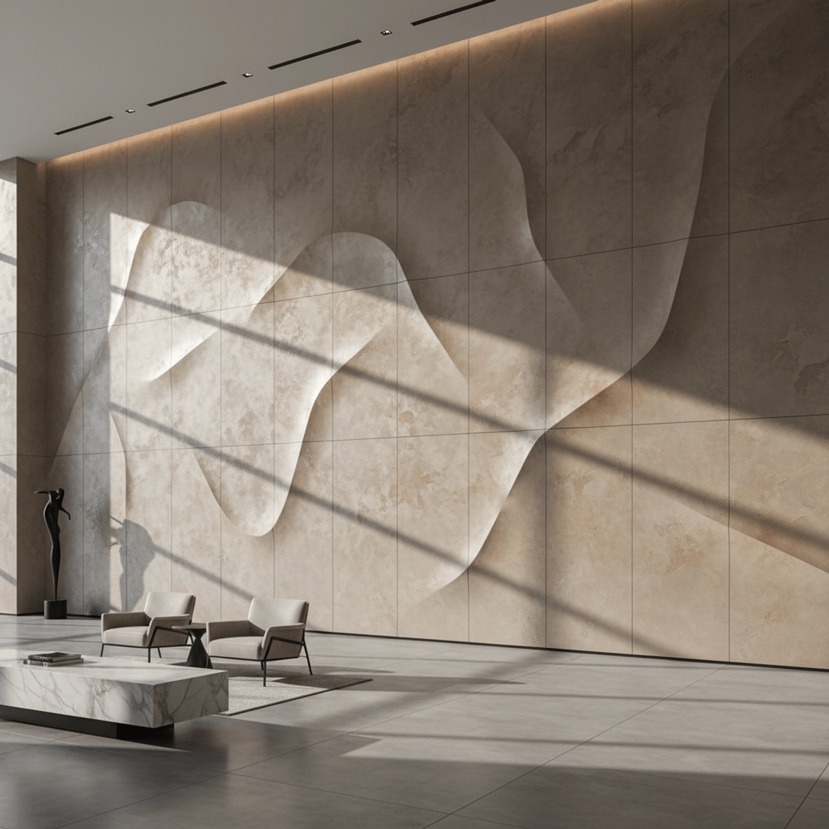 Polished plaster wall panels in a modern lobby Modern wall paneling with large-format polished plaster in sand and clay tones.