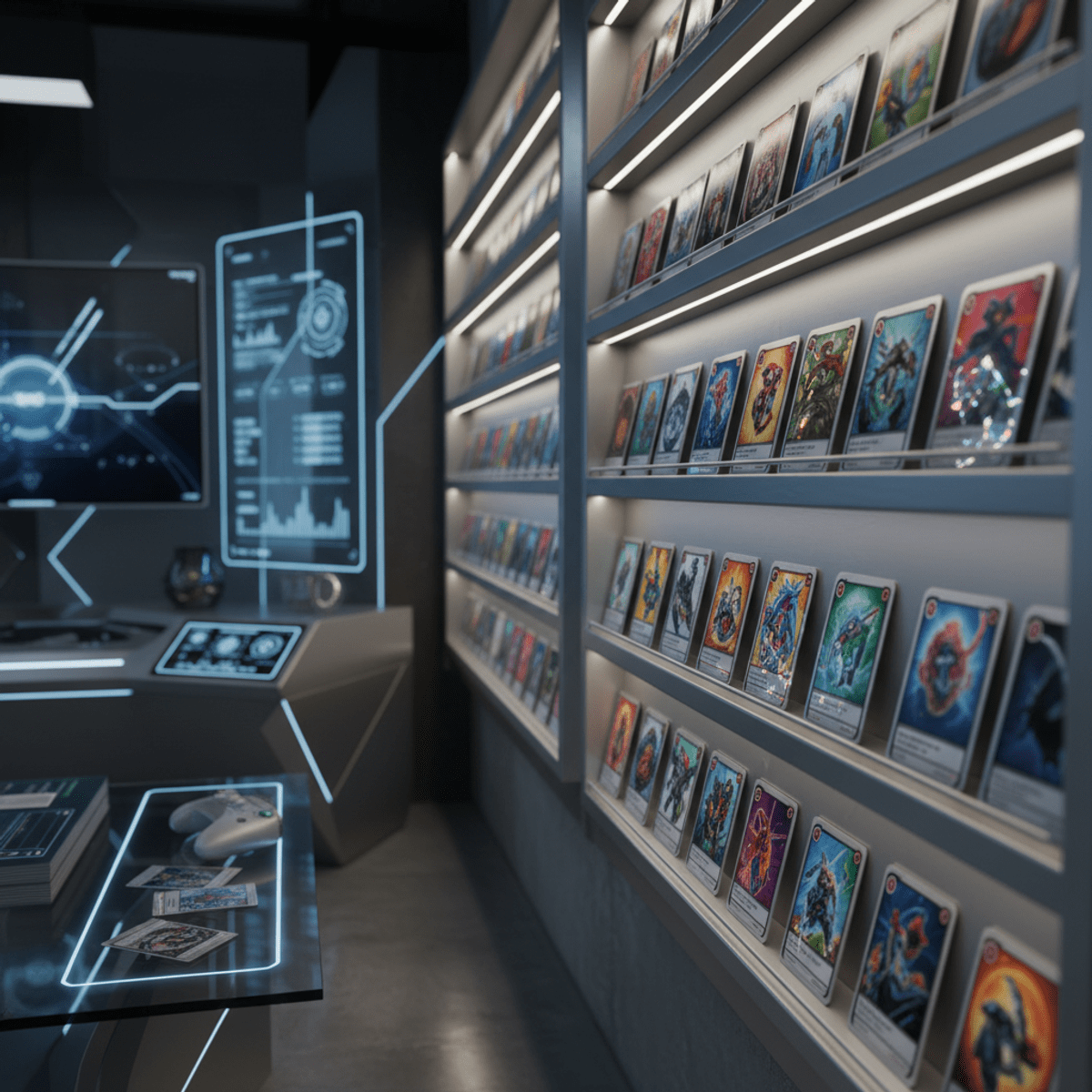 Sleek futuristic display with diffused LED lighting showcasing holographic trading cards.