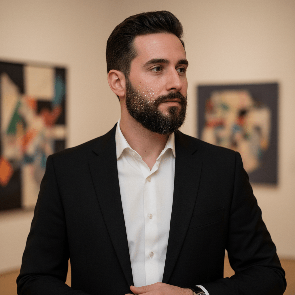 Stylish man with glitter beard detailing in a modern gallery setting.