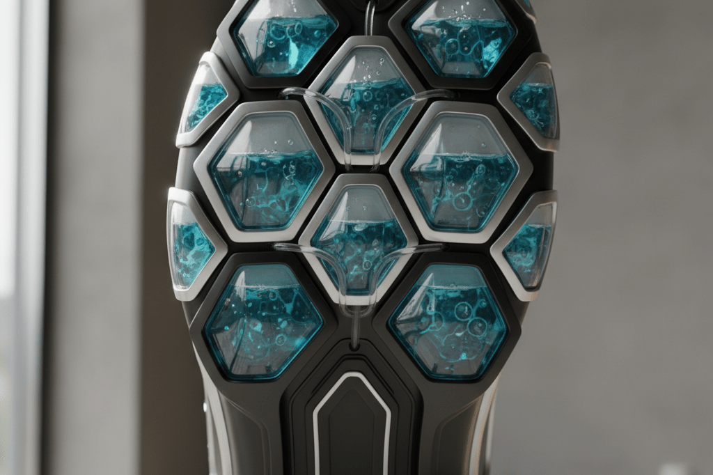 Close-up view of a high-tech sneaker midsole with liquid-enhanced cushioning, emphasizing modern athletic footwear innovation