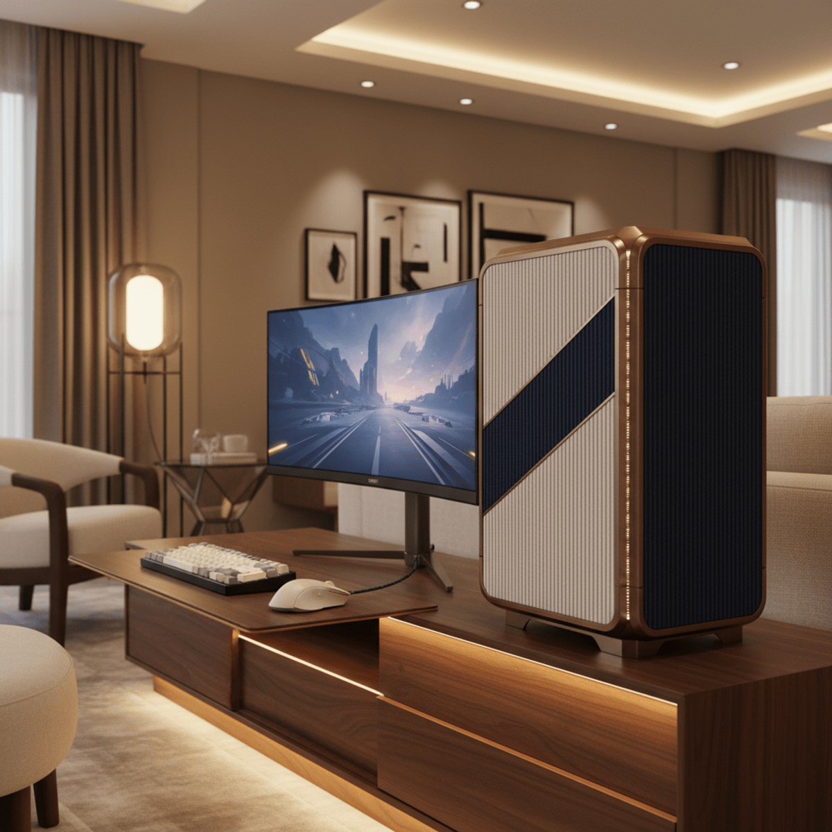 Elegant navy and cream gaming desktop with acoustic fabric panels and brushed metal.