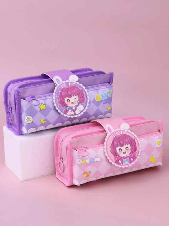 Kotak pensil anak perempuan multifungsi, tempat pensil kartun Sekolah Dasar  lucu kapasitas besar
