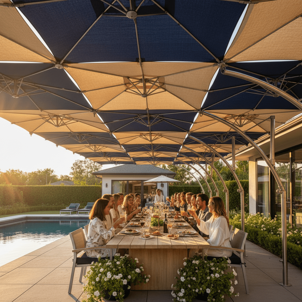Luxurious backyard with navy and sand marine-grade fabric cantilever umbrellas over dining.