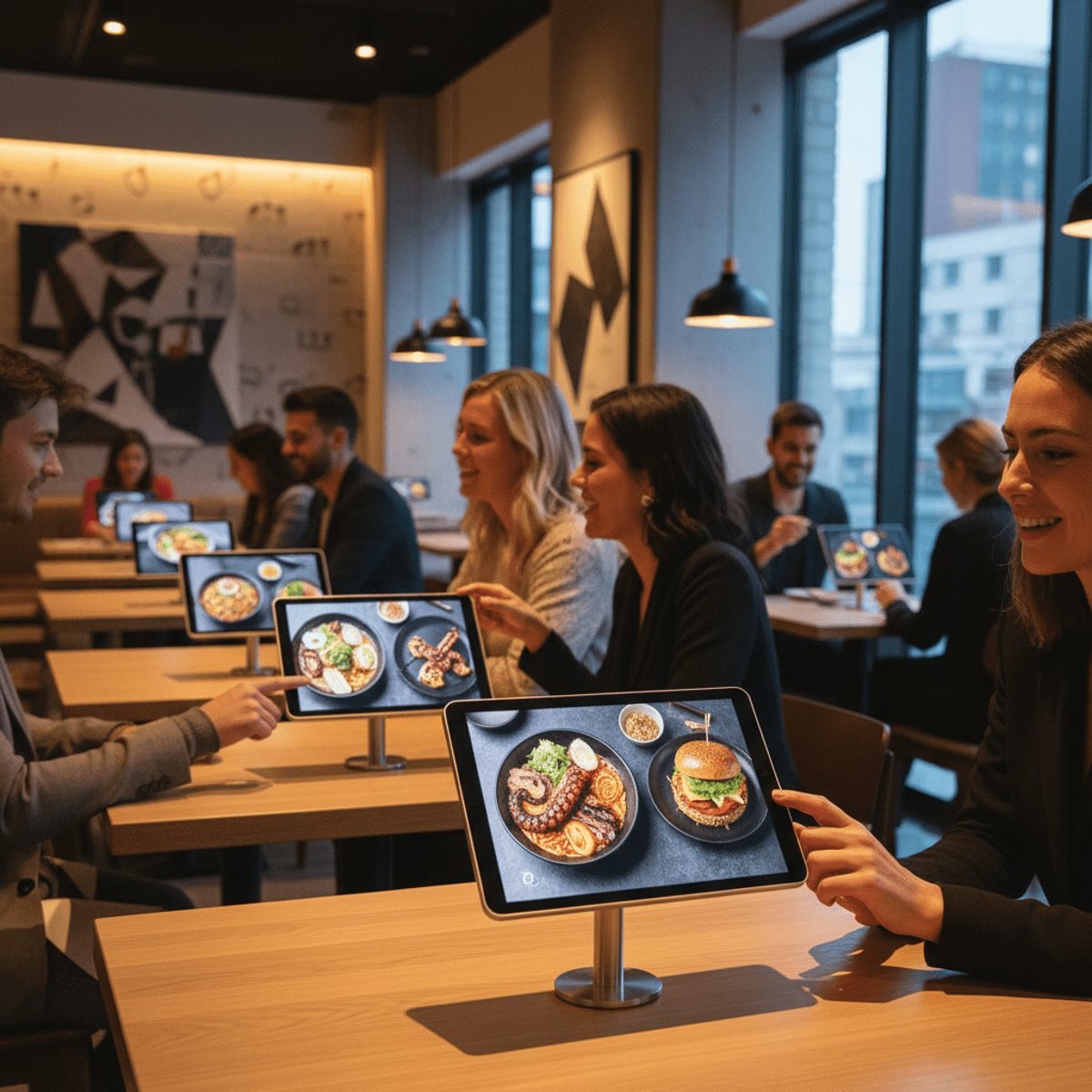 Diners interact with sleek tablets on minimalist wooden tables in a modern restaurant.