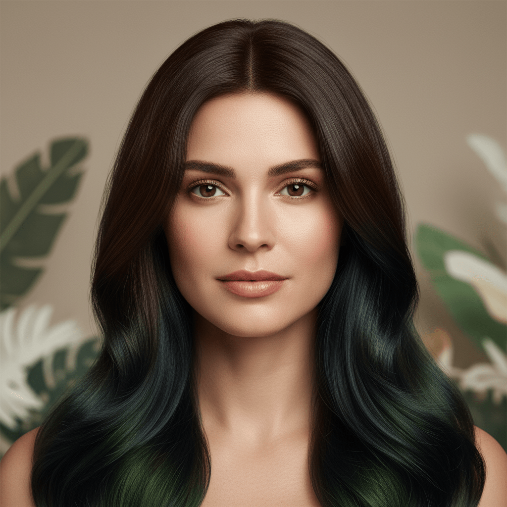 Woman with smooth, flowing hair transitioning from brown to black with cool undertones.