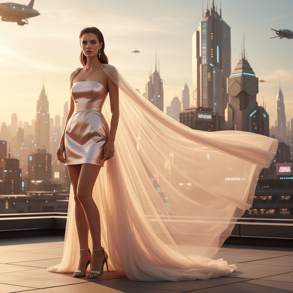 Futuristic prom dress transforms from floor-length gown to mini dress on rooftop.