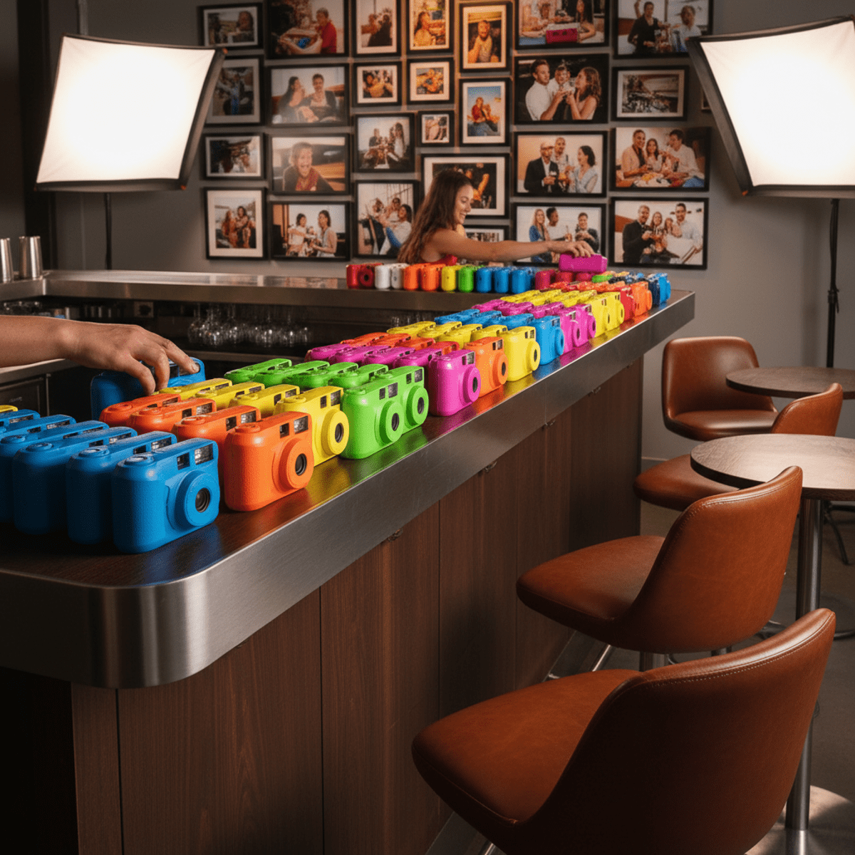 Stylish bar counter with vibrant disposable cameras and candid diner photos.