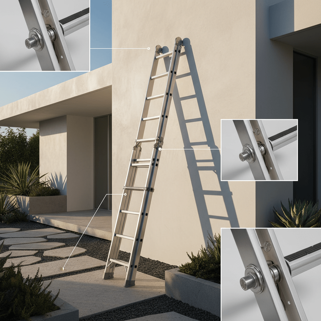 Futuristic folding ladder extended against a modern home facade at golden hour.