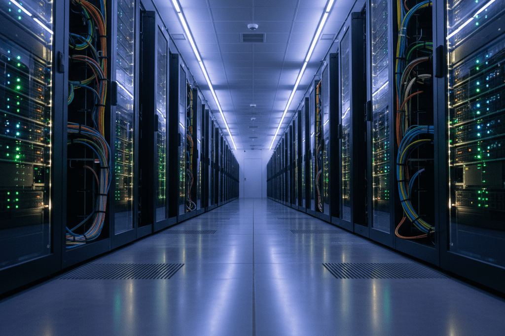 Modern data center showcasing AI compute infrastructure Rows of server racks in a futuristic data center under ambient lighting, symbolizing advanced AI computational capacity