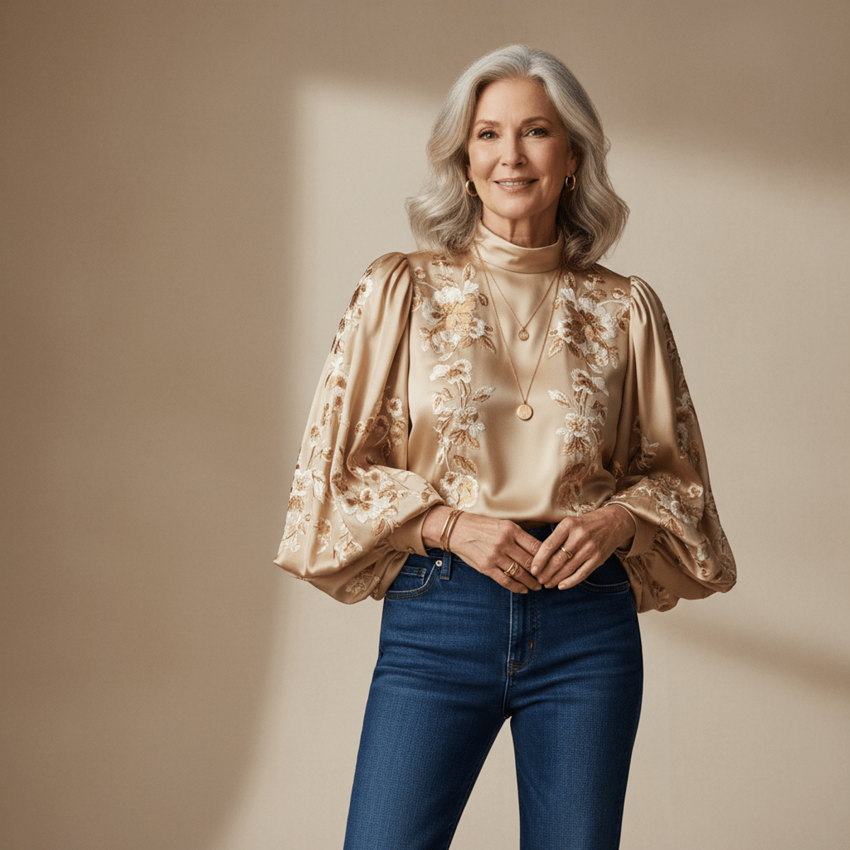 Mature woman in a luxurious silk blouse and denim poses confidently in a studio.