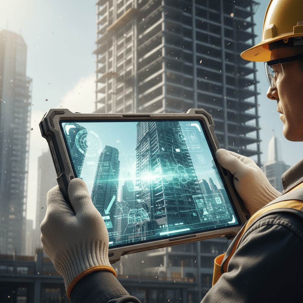 Architect uses rugged tablet with AR blueprints on futuristic construction site.