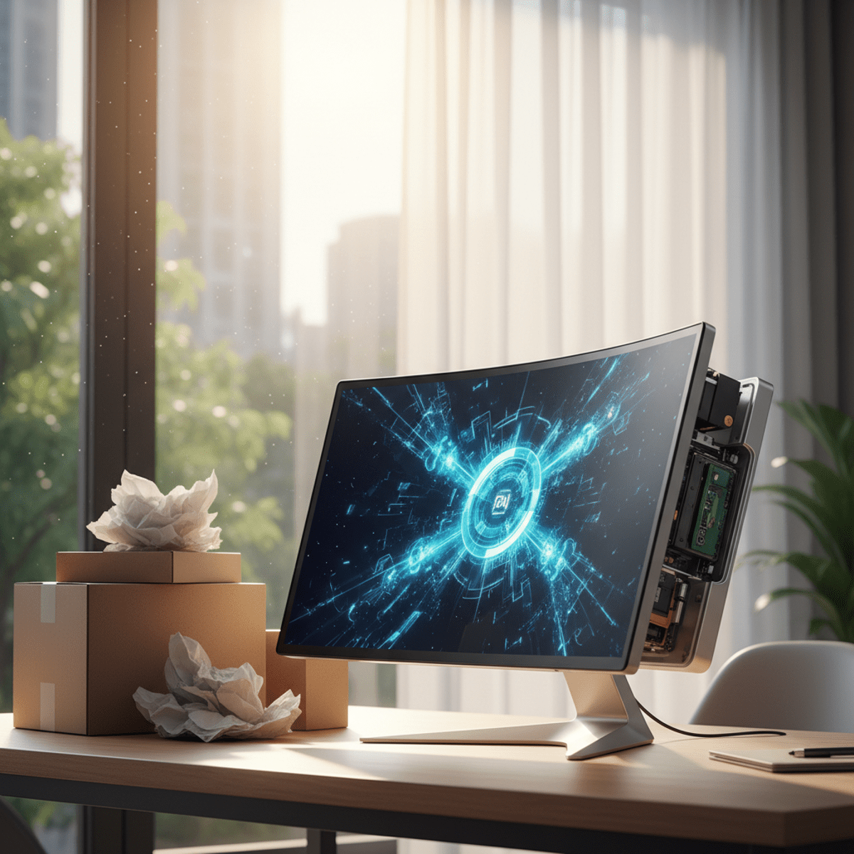 Sleek, metallic, compact all-in-one computer in a modern, sunlit workspace.