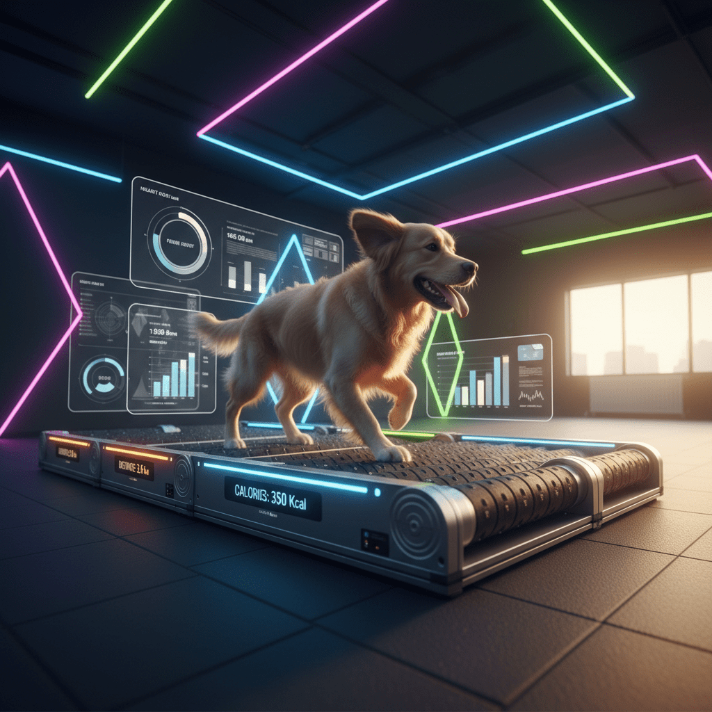 Dog running on advanced slatmill with holographic fitness metrics and LED progress display.