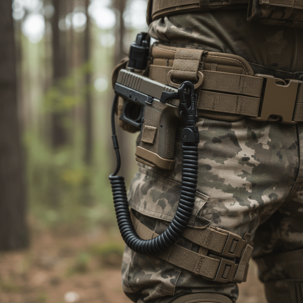 Modern airsoft battle belt with a coiled tactical retention lanyard and replica pistol.