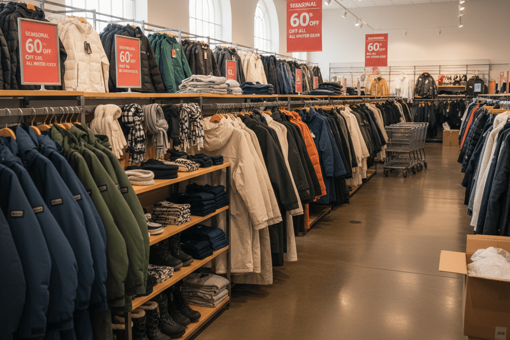 Neatly arranged winter coats and snow boots displayed under natural light in a retail store affected by unseasonable late March snow