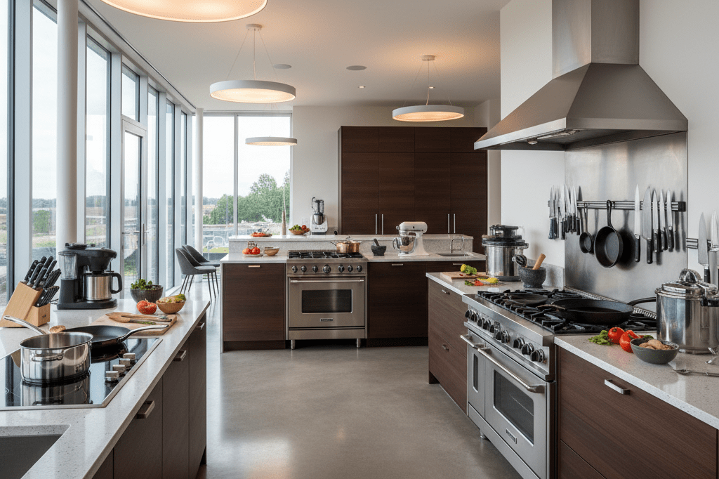 Wide-angle view of a stylish tiered kitchen with cooking tools and appliances under natural and ambient light, inspiring culinary upgrades