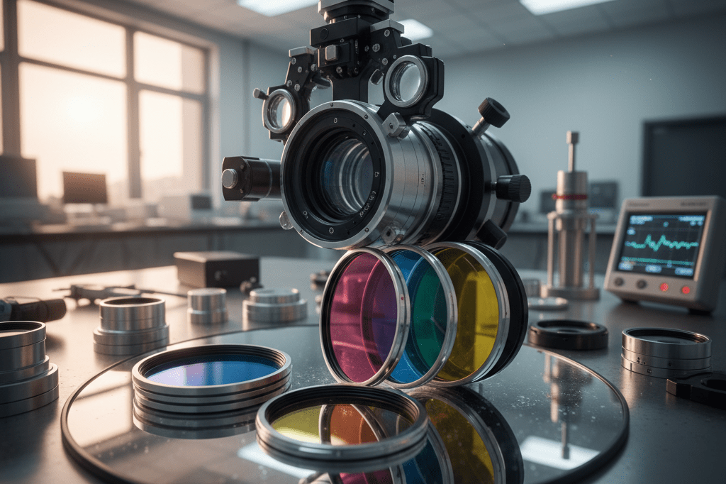 Close-up view of precision optics gear including lenses and filters under ambient light, highlighting cutting-edge imaging technology