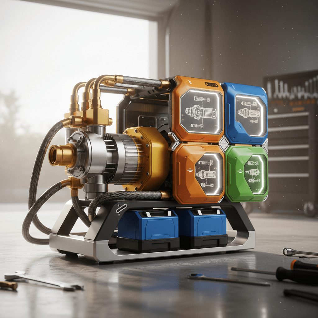 Futuristic modular car pressure washer with precision-machined pump and swappable motor.